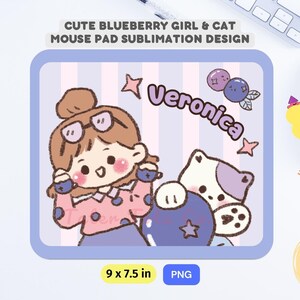 Bonita alfombrilla de ratón rectangular con diseño de sublimación de niña y gato arándanos, color morado y azul, diseño de alfombrilla de ratón, descarga instantánea PNG