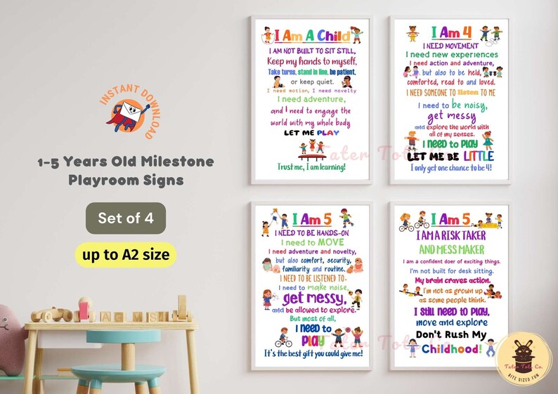 1-5 Years Old Birthday Milestone Playroom Sign Posters - Bundle of 4 Instant Download PDF