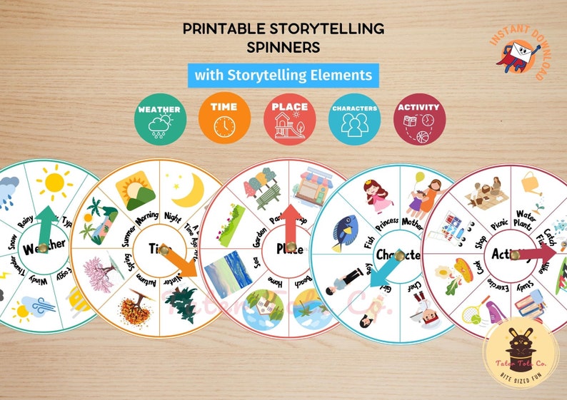 Printable Storytelling Set with 5 Spinners and Story Sequencing Creation Elements for Preschool Instant Download PDF