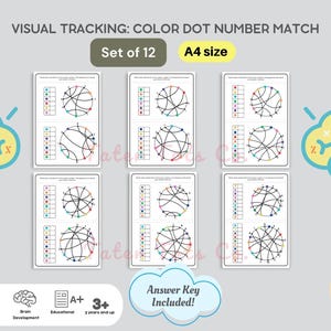 Op de afbeelding: Een set van 12 printbare visuele tracking-werkbladen voor kinderen. Elk werkblad bevat een cirkel met gekleurde stippen en lijnen die ze verbinden. Het doel is om de stippen in numerieke volgorde te verbinden. De werkbladen zijn ontworpen om kinderen te helpen hun hand-oogcoördinatie te ontwikkelen, hun focus te verbeteren en de ontwikkeling van de hersenen te bevorderen. De werkbladen zijn geschikt voor kinderen van 3 jaar en ouder. Antwoordblad inbegrepen.