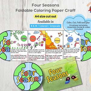 May include: A printable paper craft activity for children to learn about the four seasons. The craft features a colourful globe with four sections, each representing a season: spring, summer, autumn, and winter. The craft includes an envelope template, assembly guide, and video. The craft is available in black and white, coloured, or grayscale.