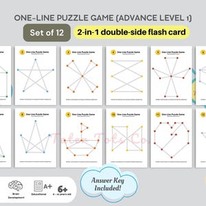 May include: A set of 12 double-sided flash cards featuring one-line puzzle games. Each card has a different puzzle with dots and lines. The puzzles are labeled with numbers 1 through 12. The cards are designed for ages 6 and up and are labeled as "Advance Level 1".