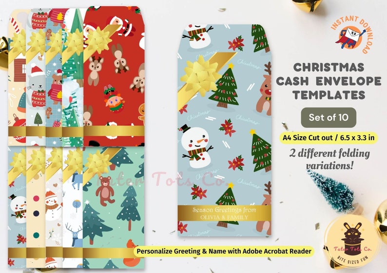 Personalized Cute Christmas Animals Cash Envelope Golden Ribbon Templates for Festive Gifting A4 size cut out Instant Download PDF