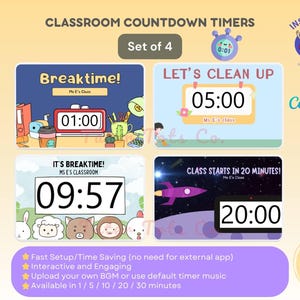 Afteltimers in de klas voor verhoogde productiviteit in 1, 5, 10, 20, 30 minuten Eenvoudige en snelle installatie Bewerkbare canva-sjabloon Directe toegang