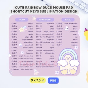 Leuke Rainbow Duck Words, Excel en Powerpoint Sneltoetsen voor Windows Productiviteitsmuis PNG Sublimatie Rechthoekig Muismatontwerp