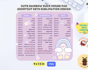 Cute Rainbow Duck Words, Excel, and Powerpoint Shortcut Keys for Windows Productivity Mousepad Png Sublimation Rectangle Mouse pad Design
