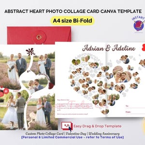 Carte à deux volets A4 avec collage photo coeur abstrait pour la Saint-Valentin ou un anniversaire de mariage Modèle Canva à accès instantané entièrement modifiable
