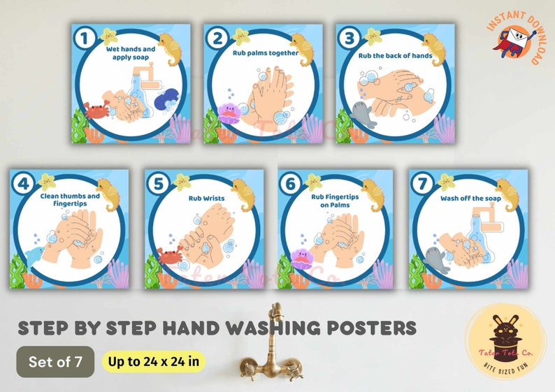 7 Step Wash hands sign for Preschool Toilet Training and Instructions Sea Creatures Theme Instant Download (PDF)