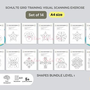 Może przedstawiać: Zestaw 14 drukowanych arkuszy ćwiczeń do ćwiczeń skanowania wzrokowego. Arkusze ćwiczeń zawierają różne kształty z liczbami w środku, przeznaczone dla dzieci w wieku od 5 lat. Tytuł arkuszy ćwiczeń to "Schulte Grid Training: Visual Scanning Exercise".