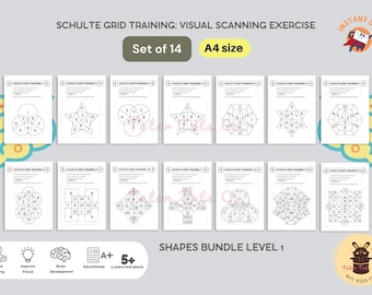 Visual Scanning Training: Enhance Focus and Speed Reading with Schulte Grid Exercises Set of 14 Shapes Bundle Instant Download PDF