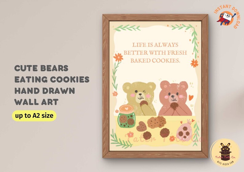 Cute Bears Eating Delicious Cookies - Hand-Drawn Illustration Positive Mindset Wall Art, Instant Download (PDF)