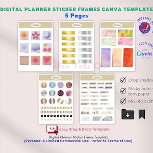 Pacchetto di cornici adesive per planner digitale fai da te personalizzate con effetto ombra, carta strappata, nastro washi, post-it Goodnotes Canva Template