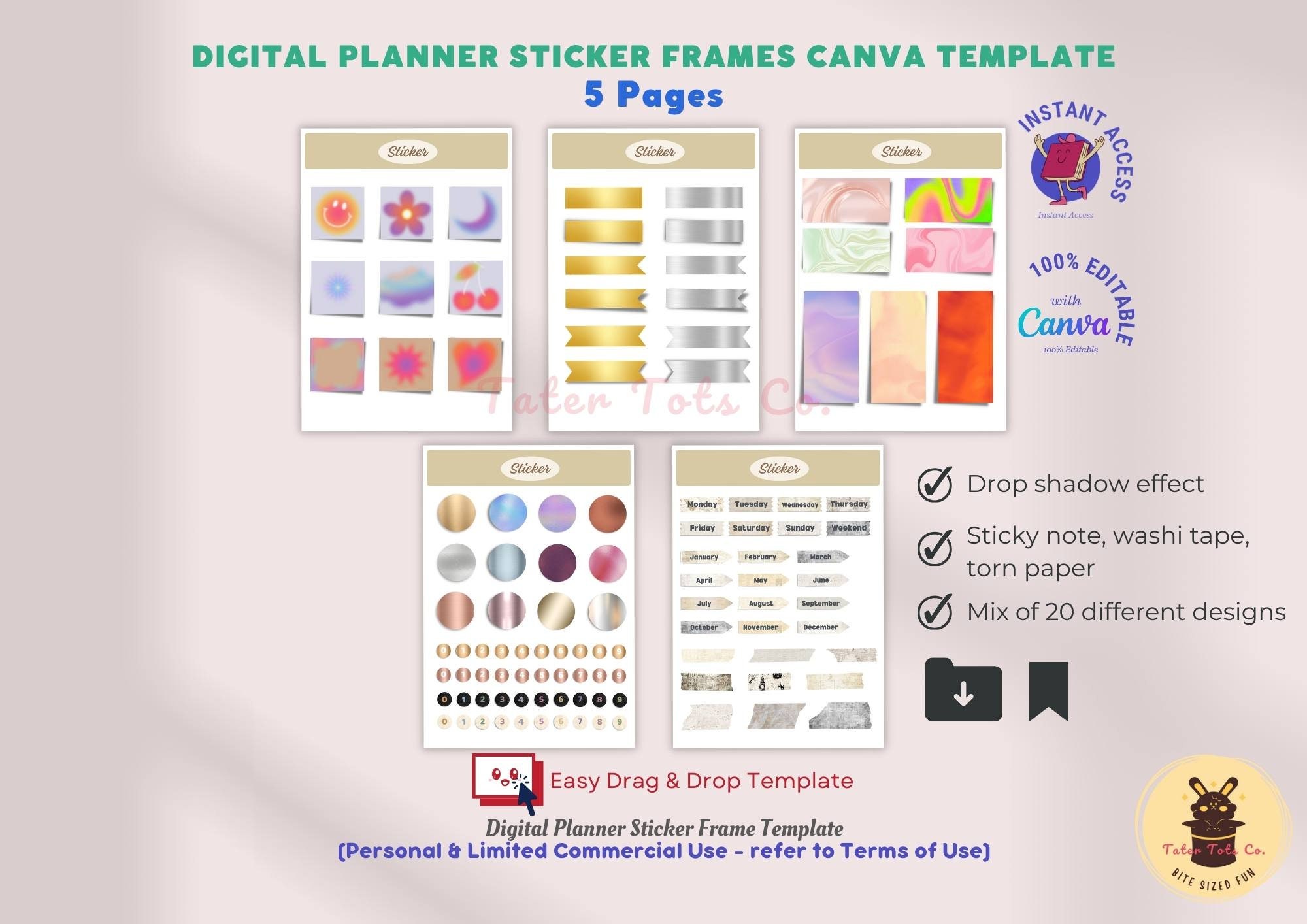 Pacote de moldura de adesivos para planejador digital personalizado faça você mesmo com efeito de sombra projetada, papel rasgado, fita washi, notas adesivas Goodnotes Canva Template