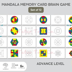 Jeu de cartes mémoire photographique Mandala imprimable - Entraînement cérébral et attentionnel | Jeu avancé/expert de 12 casse-têtes à téléchargement immédiat au format PDF