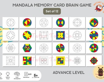 Printable Mandala Photographic Memory Card Game - Brain and Attention Training | Advance/Expert Set of 12 Puzzles Instant Download PDF