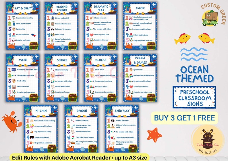 Preschool Classroom Centre Signs with Rules, Nautical Ocean Theme and Preschool Section Activities Editable PDF Template Custom Order
