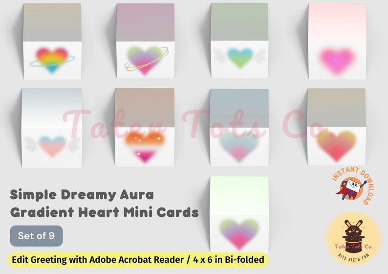 Printable Simple Dreamy Aesthetic Aura Gradient Blurry Heart Mini Valentine Day Cards Instant Download PDF