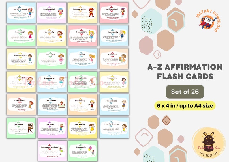 Here are 26 Affirmation Alphabets that instill good habits and traits in young kids! You can use affirmation cards in your child’s daily activities and home-based activities. Each card has a daily journal prompt for discussion and self reflection. #affiirmationsforkids #flashcardsforkids #positiveparenting
