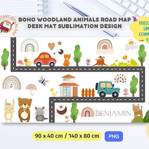 Carte routière des véhicules, animaux de la forêt mignons bohèmes : table pour enfants, tapis de jeu pour voiture, bureau - bloc-notes cadeau design par sublimation PNG