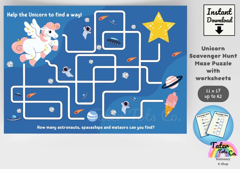 Space Unicorn Maze Game Puzzle template, Scavenger hunt, I Spy, Astronaut Space ship Preschool Printable PDF