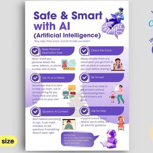May include: A vertical educational poster titled Safe & Smart with AI (Artificial Intelligence) featuring purple and white graphics. It includes six numbered tips for safe AI use, illustrated with cartoon characters, icons, and text. The design includes Canva branding, instant access icons, and a note stating up to A2 size.