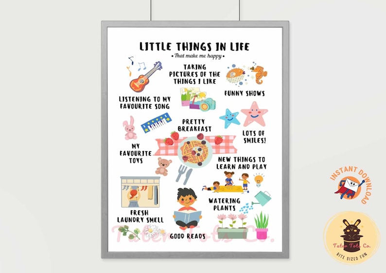 Words of affirmation Little things in life that make me happy poster, Kids Playroom Wall Art Instant Download (PDF)