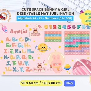 Niedliches Rosa Space Häschen und Mädchen Schreibtischunterlage Tischmatte Design Sublimation PNG mit Alphabeten und Zahlen 1 bis 100 Math Chart Sofortiger Download