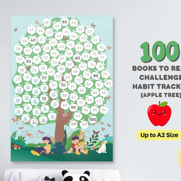 100 Books To Read Challenge for Kids Apple Tree Reading Record Habit Tracker and Dot marker Stamp or Sticker Activity Instant Download PDF
