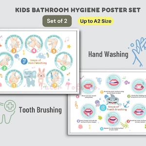 May include: Two colorful posters with illustrations of children's hands washing and brushing their teeth. The posters are titled "Hand Washing" and "Tooth Brushing" and include steps for each activity. The posters are designed for children and feature cartoon animals.