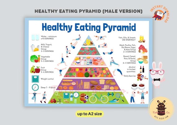 Healthy Eating Food Pyramid Groups Poster with Serving Size Chart for Balanced Diet and Exercise - Male Version Instant Download PDF