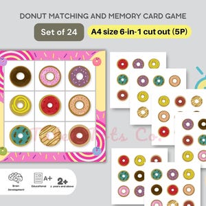 Donut Memory Kartenspiel - Gehirn und Aufmerksamkeit Training | Set mit 24 Musterpuzzles Sofortiger Download PDF