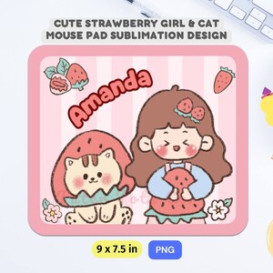 Bonita alfombrilla de ratón con diseño de sublimación de niña y gato fresa dibujados a mano en color rosa, alfombrilla de ratón rectangular, diseño PNG, descarga instantánea