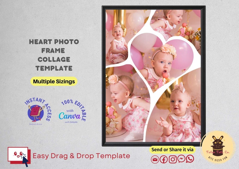 Heart Photo Frame Pic Collage Poster for Family, Couple or Baby Fully Editable Canva Template Instant Access