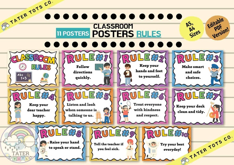 Classroom School Rules, Editable Template, Printable Classroom Sign Bulletin Board, School Signs, Classroom Labels Editable PDF