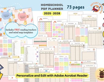 Personalized Homeschool Planner for Kids 2025-2028 | Academic Study Planning for Preschool Elementary with Freebies | Printable Editable PDF