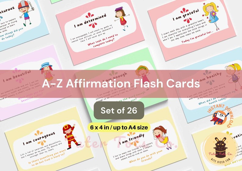 Here are 26 Affirmation Alphabets that instill good habits and traits in young kids! You can use affirmation cards in your child’s daily activities and home-based activities. Each card has a daily journal prompt for discussion and self reflection. #affiirmationsforkids #flashcardsforkids #positiveparenting