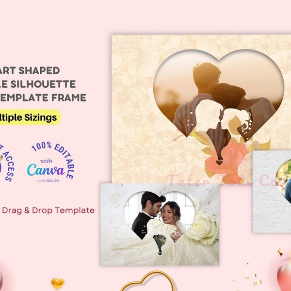 Heart-Shaped Cut-Out Shadow Effect Romantic Couple Silhouette Creative Photography Frame Canva Template - Instant Access