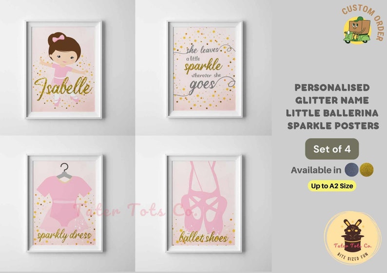 Personalised Glitter Name, Little Ballerina Sparkle Posters for Girl Dancers with Pink Ballet shoes, Tutu Dress Custom Order