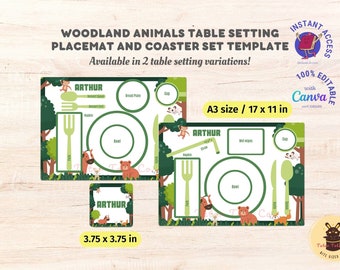 Woodland Animals Colocación de mesa, modales, etiqueta, mantel individual y juego de posavasos para niños Plantilla Canva totalmente editable Acceso instantáneo