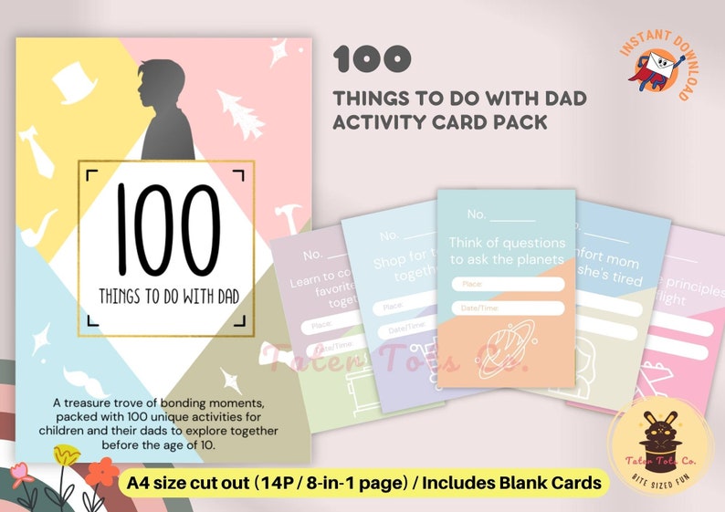 Printable 100 Little Things to do with Dad Bucket List To-Do Kid Activities Checklist Cards Easy Cut Instant Download PDF