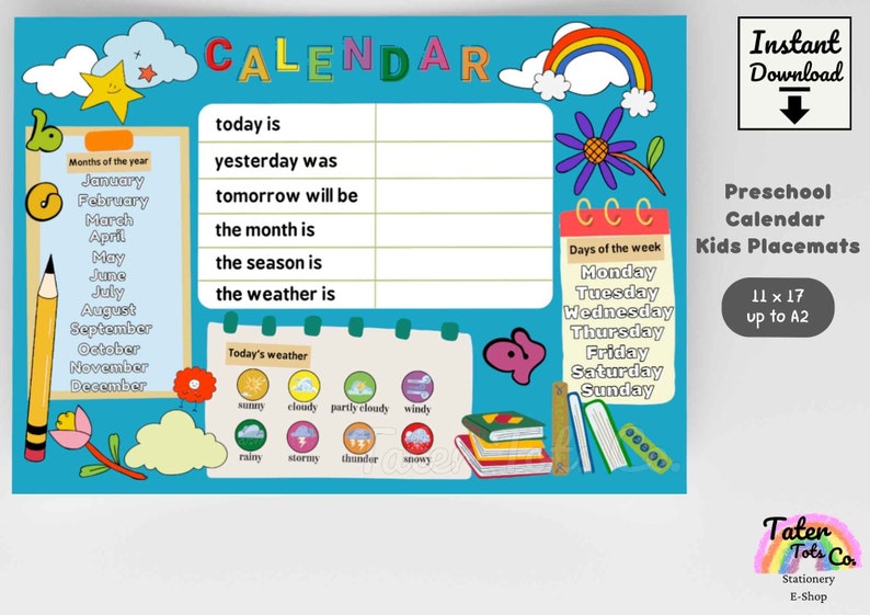 Preschool Calendar classroom kids placemats, Days of the week, Baby learning, Preschool worksheet PDF