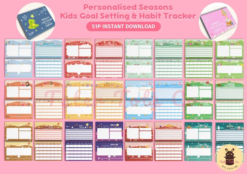 Personalised Habit Tracker for Kids, 12 month undated calendar planner template with Seasons Goal Setting and Summary PDF