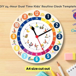 Aangepaste doe-het-zelf 24-uurs kloksjabloon voor kinderen: dual-time onderwijs- en leerhulpmiddel - volledig bewerkbare canva-sjabloon, directe toegang