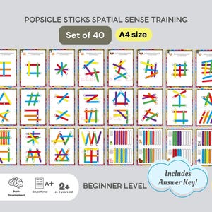 Puede incluir: Un conjunto de 40 tarjetas de entrenamiento de percepción espacial imprimibles en tamaño A4 que presentan rompecabezas coloridos de palitos de helado. Las tarjetas están diseñadas para niños de 2 años en adelante e incluyen una clave de respuestas. Las tarjetas están etiquetadas como "Nivel principiante" e incluyen iconos para la coordinación ojo-mano, el enfoque, el desarrollo del cerebro y el valor educativo.