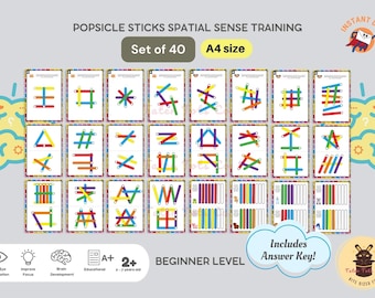 Popsicle Sticks Spatial Sense Training Beginner Level Activity Sheet Bundle  | Pattern Matching | STEM Learning Instant Download PDF