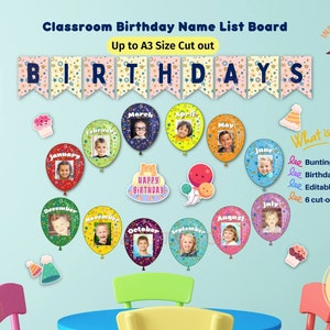Klasverjaardagslijst confetti regenboogballonnen Prikbord met vlaggetjes en bewerkbare naamlabels Directe download (pdf)