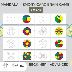 Gioco di carte con memoria fotografica Mandala stampabile - Allenamento del cervello e dell'attenzione / Set di 8 puzzle di livello misto - Download immediato in PDF