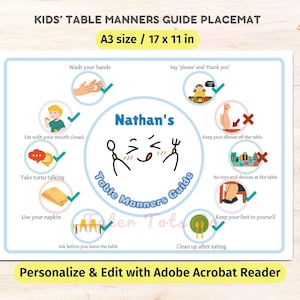 Puede incluir: Un mantel individual imprimible azul y blanco con una guía de modales en la mesa para niños. El mantel individual presenta ilustraciones de niños en una mesa, con texto como "Lávate las manos", "Di 'por favor' y 'gracias'", "Come con la boca cerrada", "Mantén los codos fuera de la mesa", "No juguetes ni dispositivos en la mesa", "Mantén tus pies para ti", "Limpia después de comer", y "Pregunta antes de dejar la mesa". El mantel individual está personalizado con el nombre "Nathan's".