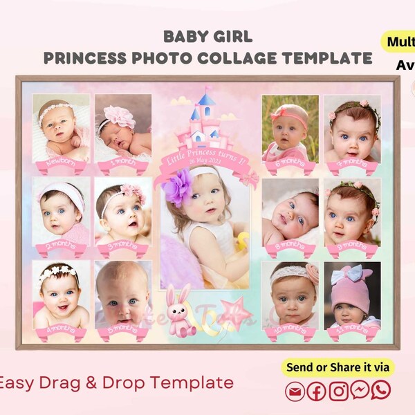 One Year old Baby Girl Princess Castle Photo Collage Birthday and Month Milestone Photoshoot Ideas Easy Drag and Drop Canva Template