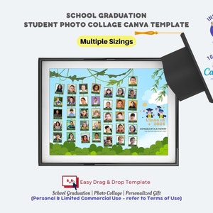 May include: A Canva template for a school graduation photo collage. The template features a green jungle theme with a graduation cap and the text "Class of 2024".